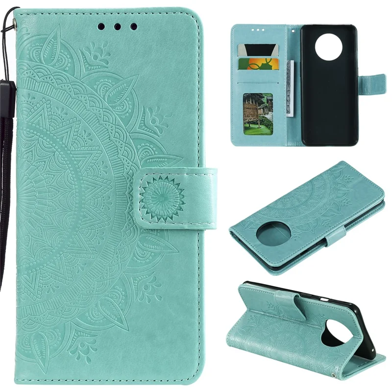Imprint Flower Leather Wallet Phone Casing with Stand for OnePlus 7T - Cyan
