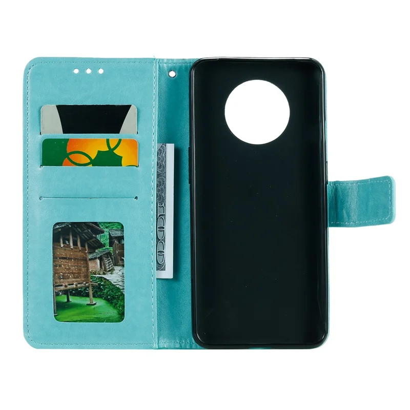 Imprint Flower Leather Wallet Phone Casing with Stand for OnePlus 7T - Cyan