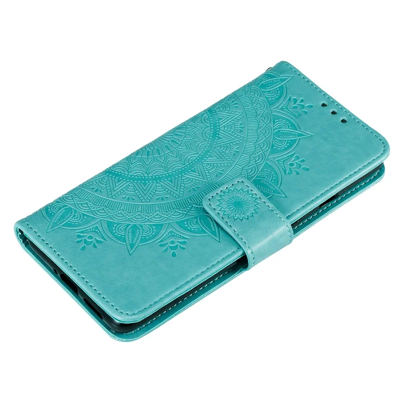 Imprint Flower Leather Wallet Phone Casing with Stand for OnePlus 7T - Cyan