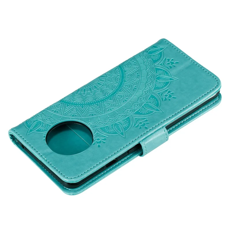 Imprint Flower Leather Wallet Phone Casing with Stand for OnePlus 7T - Cyan
