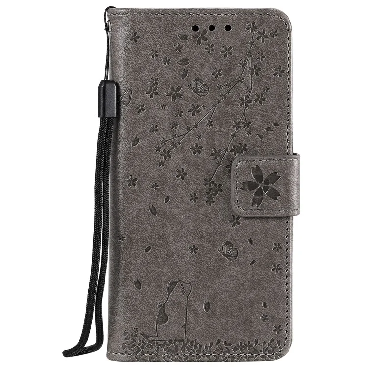 Impressão Flor e Carteira de Gato Phone Flip Leather Shell Para OnePlus 7T - Cinza