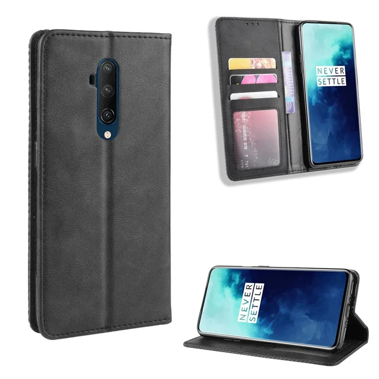 Retro Style Auto-absorbed Leather Casing Phone Shell for OnePlus 7T Pro - Black