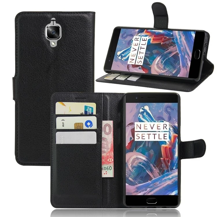Lychee Skin Leather Wallet Case for OnePlus 3 / 3T - Black