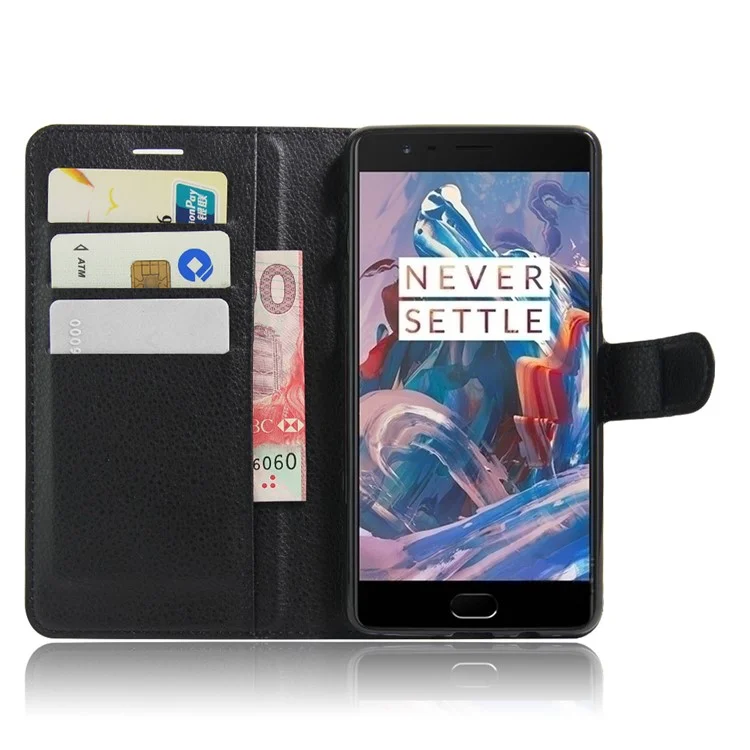 Lychee Skin Leather Wallet Case for OnePlus 3 / 3T - Black