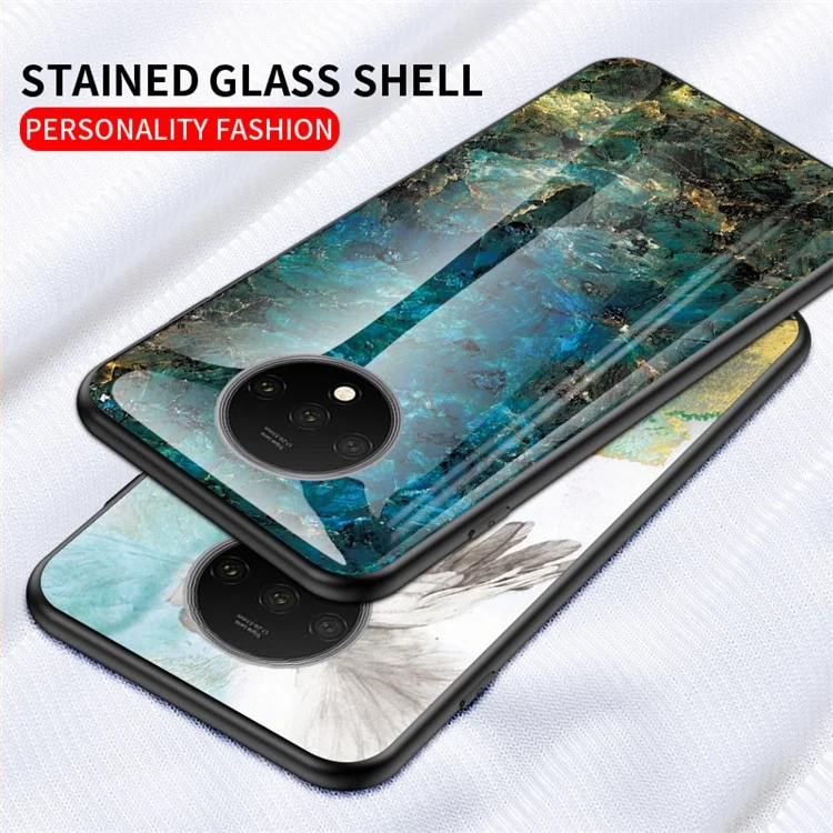 Capa para PC + TPU de Vidro Temperado com Granulação de Mármore para OnePlus 7T - Esmeralda