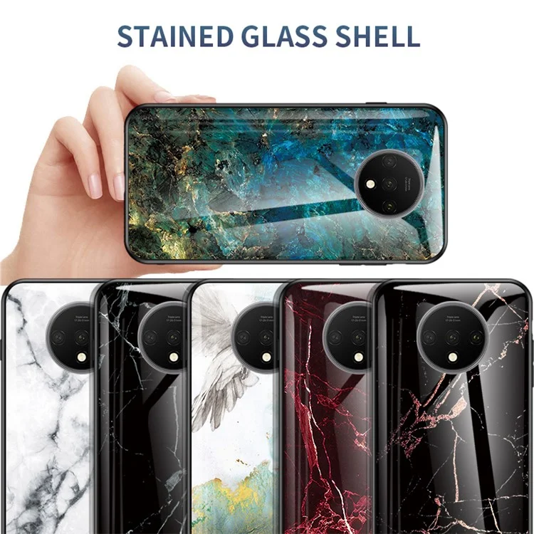 Capa para PC + TPU de Vidro Temperado com Granulação de Mármore para OnePlus 7T - Esmeralda