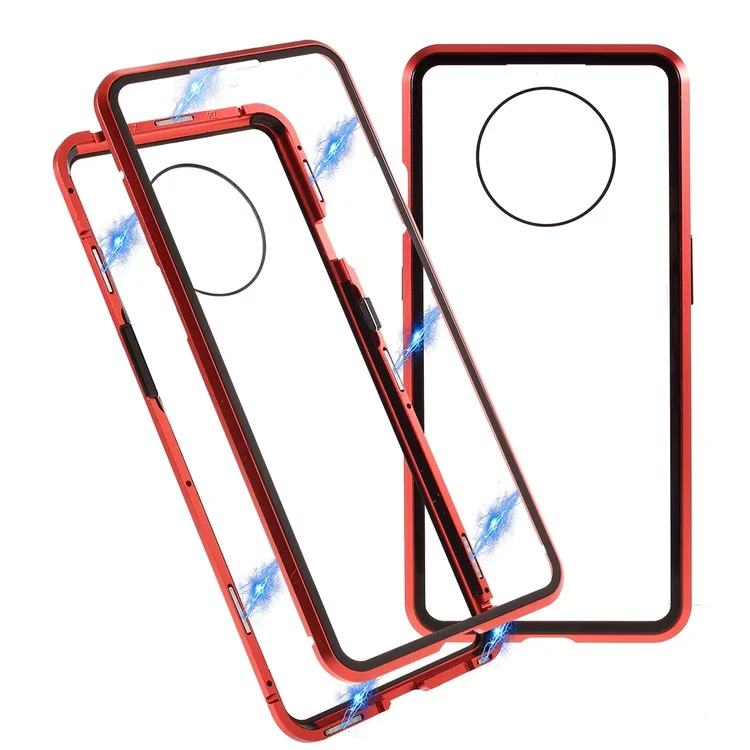 Full Covering Magnetic Metal Frame + [Front and Back] Tempered Glass Mobile Phone Cover for OnePlus 7T - Red