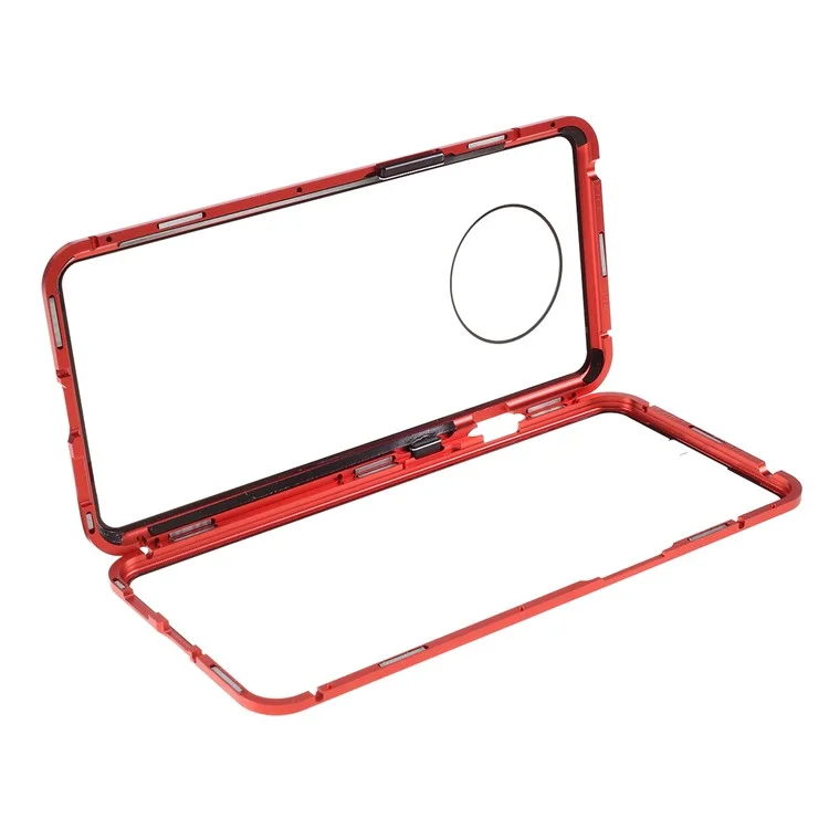 Full Covering Magnetic Metal Frame + [Front and Back] Tempered Glass Mobile Phone Cover for OnePlus 7T - Red