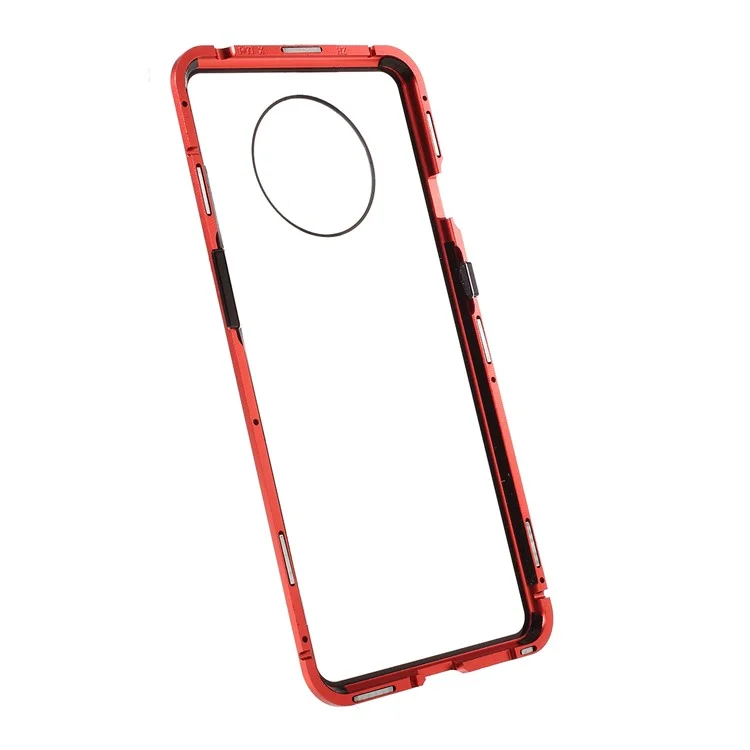 Full Covering Magnetic Metal Frame + [Front and Back] Tempered Glass Mobile Phone Cover for OnePlus 7T - Red