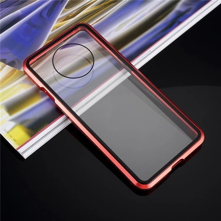 Full Covering Magnetic Metal Frame + [Front and Back] Tempered Glass Mobile Phone Cover for OnePlus 7T - Red