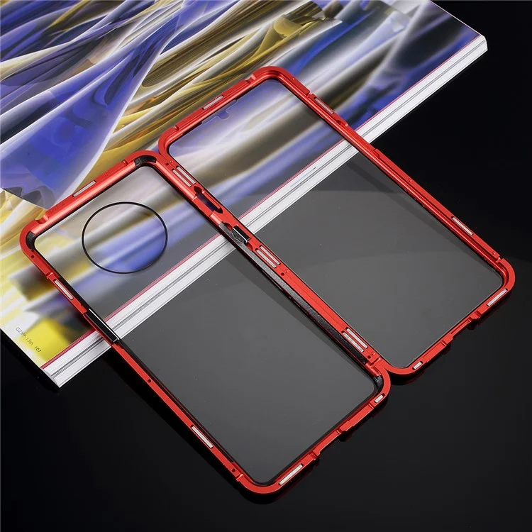 Cobertura Completa Quadro De Metal Magnético + [frente E Traseira] Tampa De Telefone Móvel De Vidro Temperado Para OnePlus 7T - Vermelho