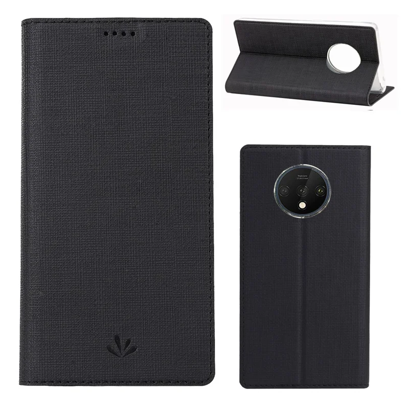 VILI DMX Cross Texture Stand Leather Card Holder Phone Cover for OnePlus 7T - Black