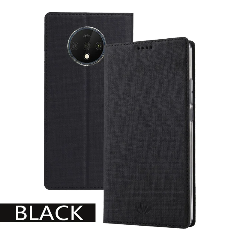 VILI DMX Cross Texture Stand Leather Card Holder Phone Cover for OnePlus 7T - Black