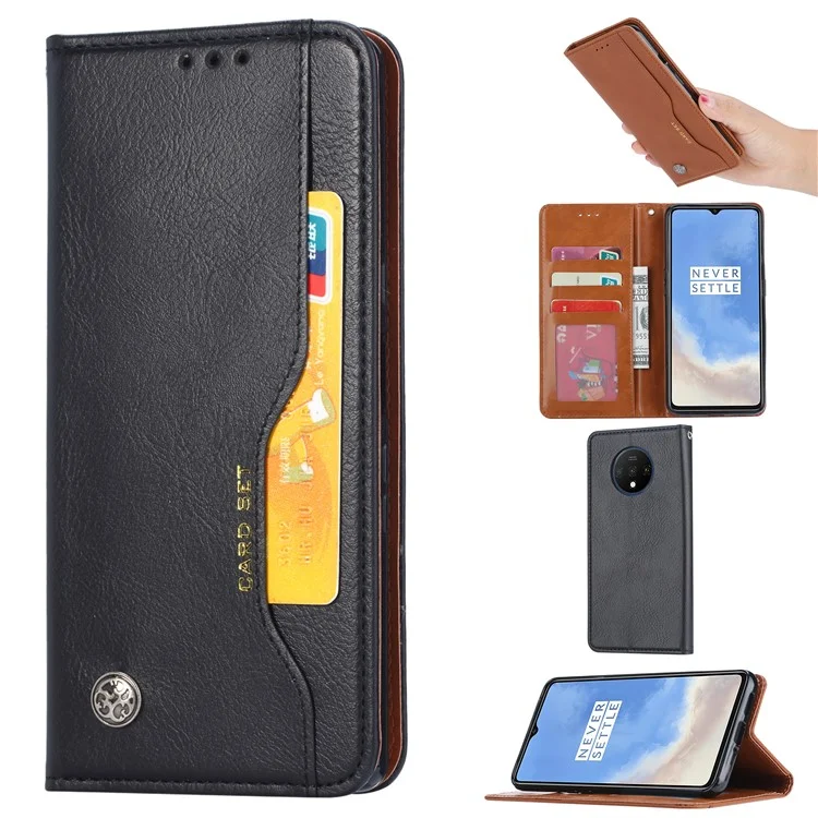 Auto-absorbed Wallet Stand Flip Leather Shell Case for OnePlus 7T - Black