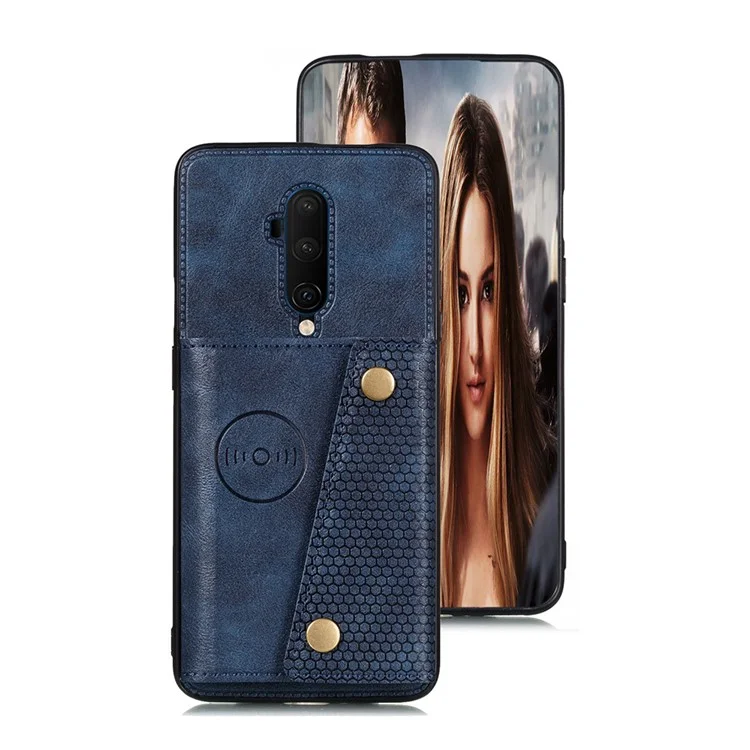 Suporte de Cartão Kickstand Revestido em Couro PU Caixa TPU [Folha Magnética de Veículo Integrada] para OnePlus 7T Pro - Azul