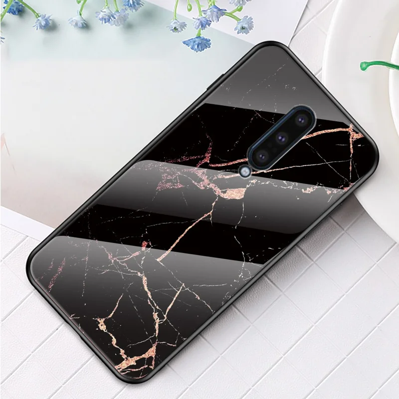 Marble Pattern Tempered Glass + PC + TPU Combo Cover for OnePlus 8 - Black / Gold