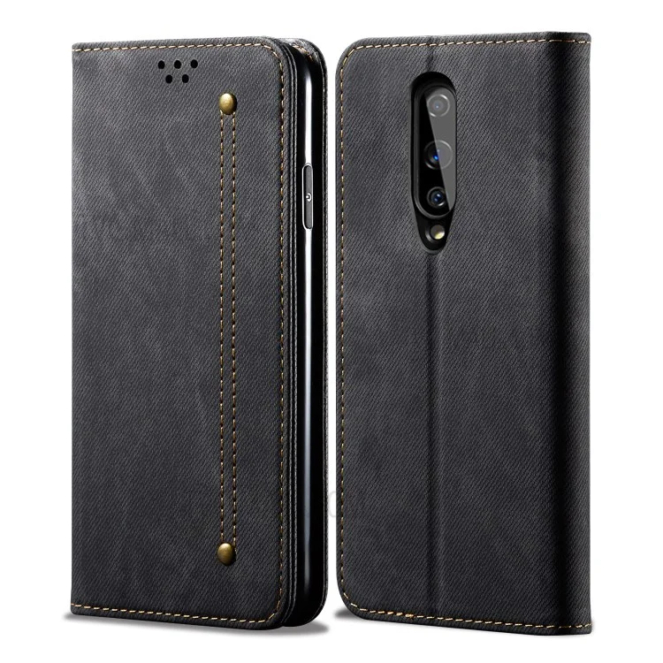 Vintage Estilo Jeans Tela Textura Textura Billetera Flip Cuero Caja Del Teléfono Para OnePlus 8 - Negro