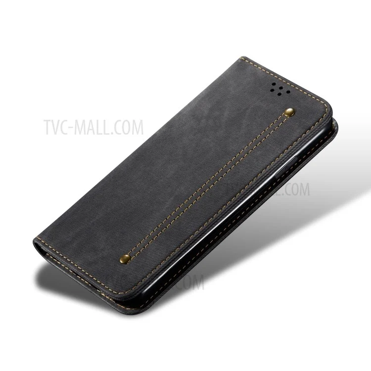 Vintage Estilo Jeans Tela Textura Textura Billetera Flip Cuero Caja Del Teléfono Para OnePlus 8 - Negro