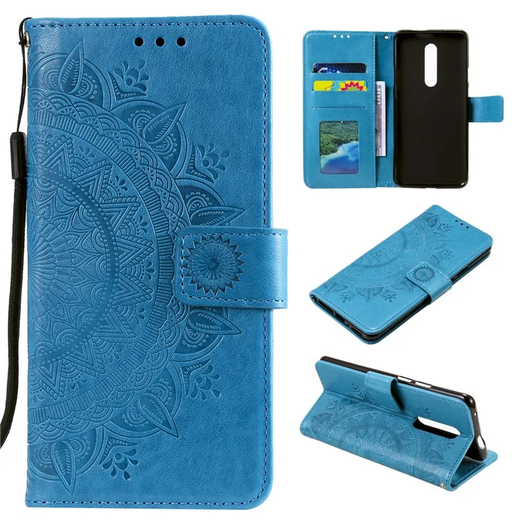 Imprint Flower Leather with Wallet Shell for OnePlus 8 - Blue