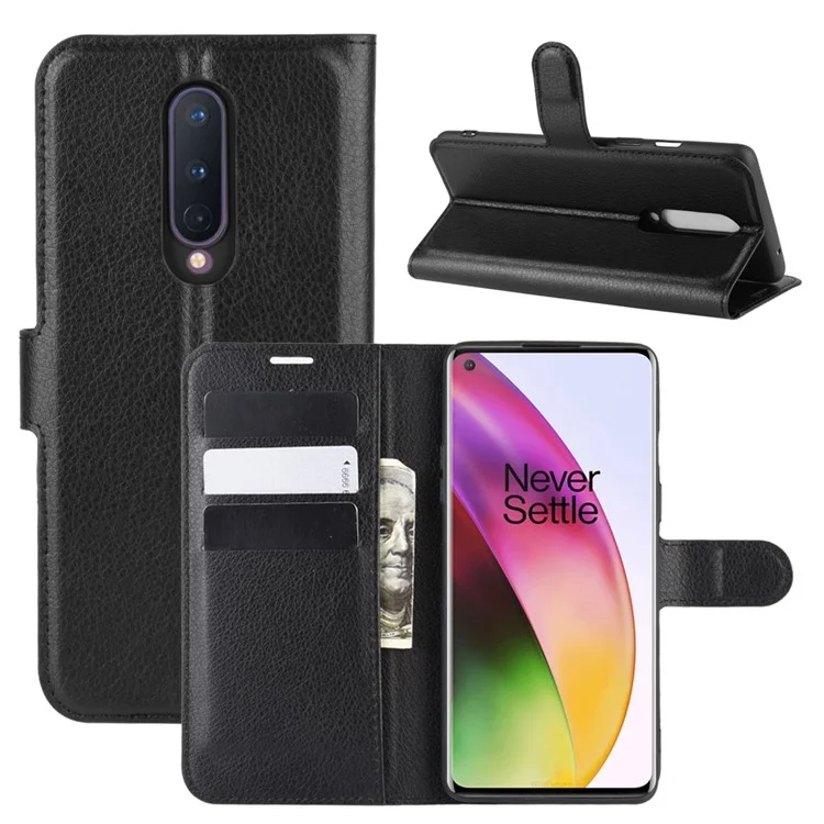 Litchi Skin Wallet Leather Stand Case for OnePlus 8 - Black