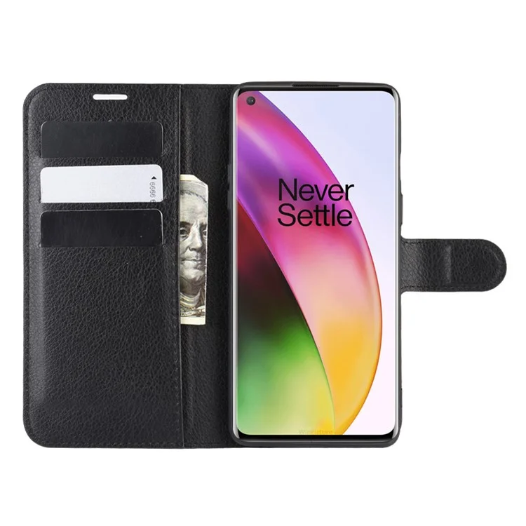 Litchi Skin Wallet Leather Stand Case for OnePlus 8 - Black