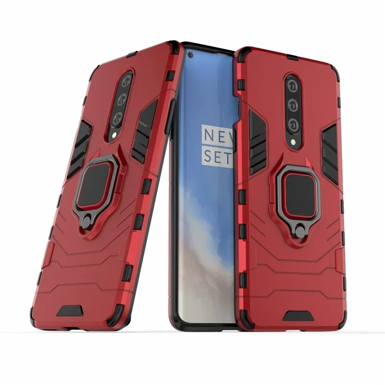 Cool Guard Ring Holder Kickstand PC TPU Hybrid Case Protective Shell Para OnePlus 8 - Rojo