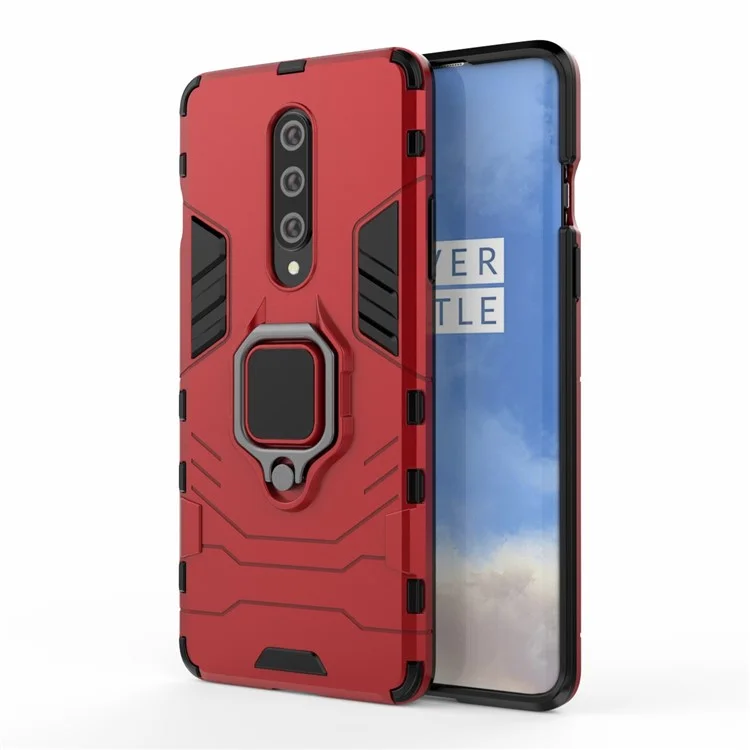 Cool Guard Ring Holder Kickstand PC TPU Hybrid Case Protective Shell Para OnePlus 8 - Rojo