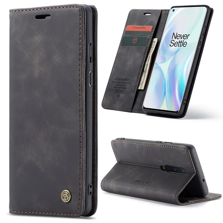 CASEME 013 Series Auto-absorbed Leather Wallet Shell for OnePlus 8 - Black