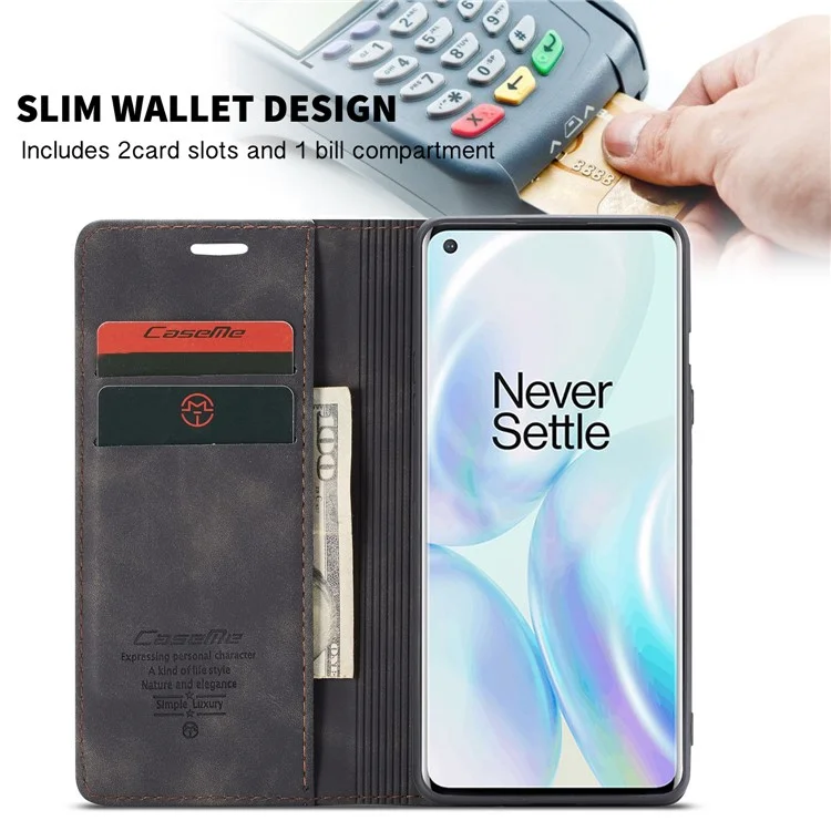 CASEME 013 Series Auto-absorbed Leather Wallet Shell for OnePlus 8 - Black