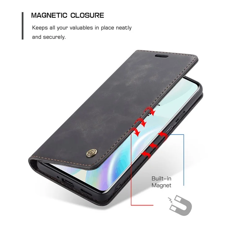 CASEME 013 Series Auto-absorbed Leather Wallet Shell for OnePlus 8 - Black