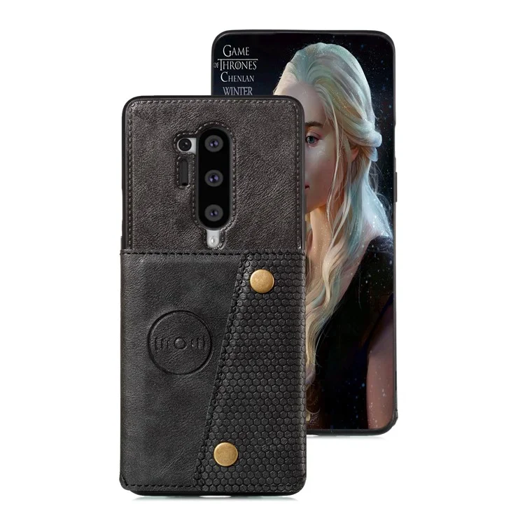 Case de Teléfono TPU Recubierto de Cuero Con Tarjeta PU [hoja Magnética Magnética Del Vehículo] Para OnePlus 8 Pro - Negro