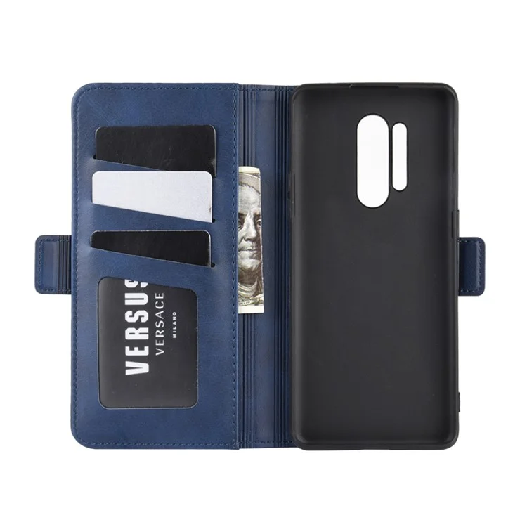 Double Clasp Flip Leather Wallet Stand Phone Case Cover for OnePlus 8 Pro - Blue