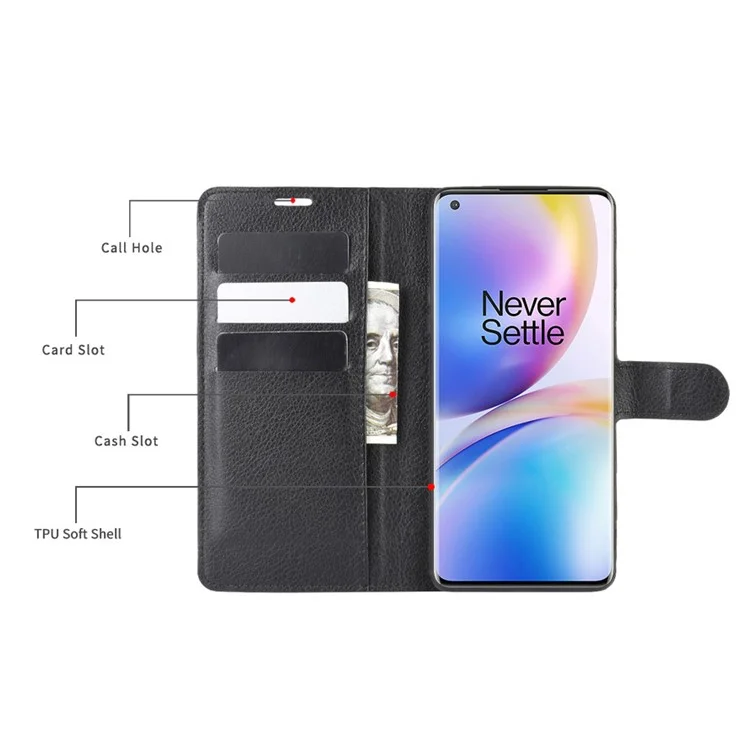 Кожаный чехол-книжка Litchi Skin Magnetic для OnePlus 8 Pro - черный