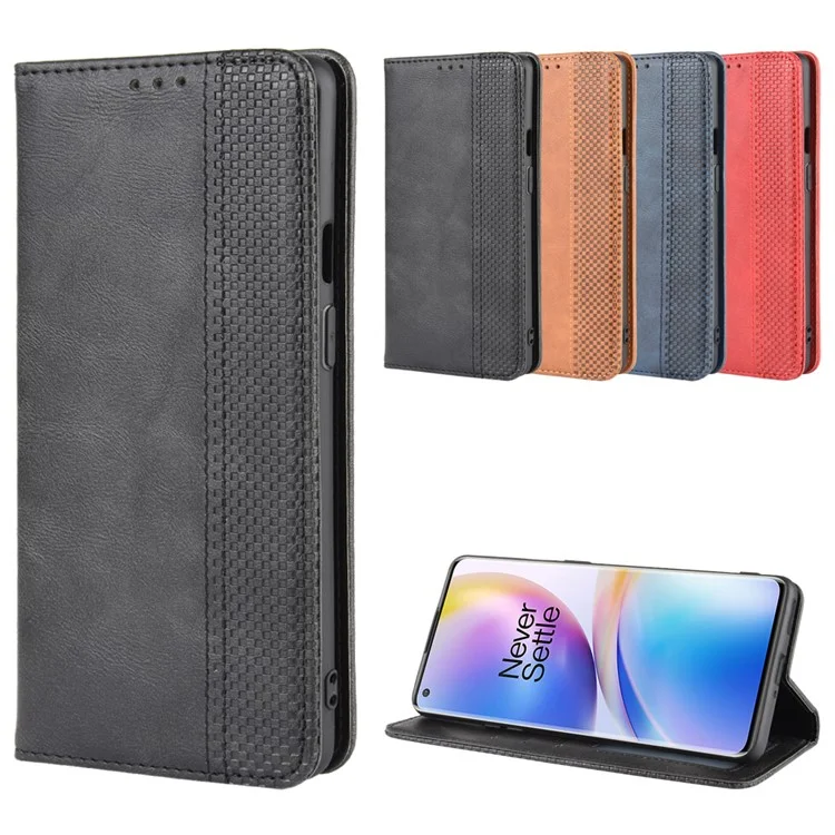 For OnePlus 8 Pro Vintage Auto-absorbed Leather Wallet Case with Stand - Black