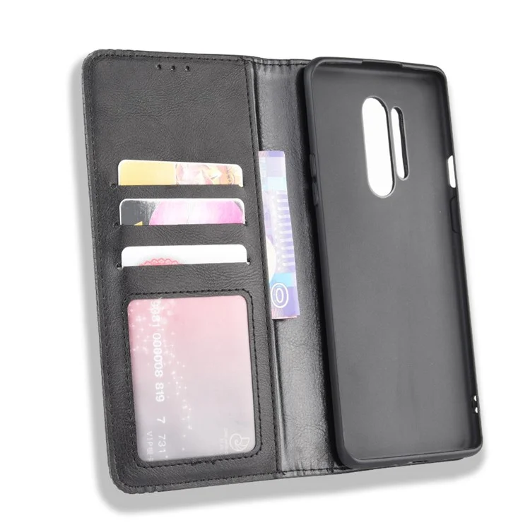 For OnePlus 8 Pro Vintage Auto-absorbed Leather Wallet Case with Stand - Black