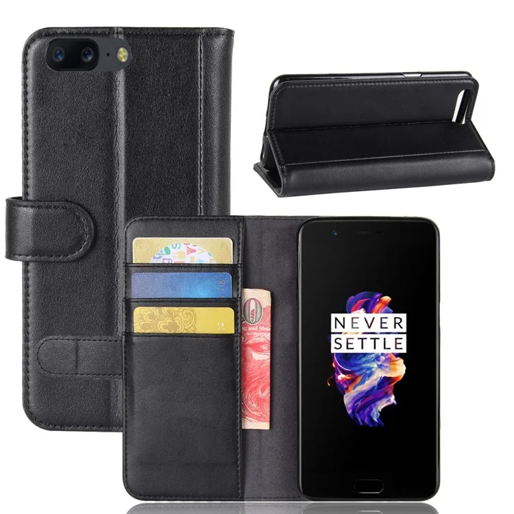 Genuine Split Leather Wallet Phone Shell with Stand for OnePlus 5 - Black