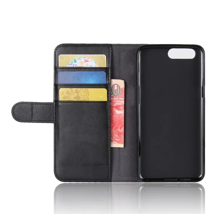 Genuine Split Leather Wallet Phone Shell with Stand for OnePlus 5 - Black