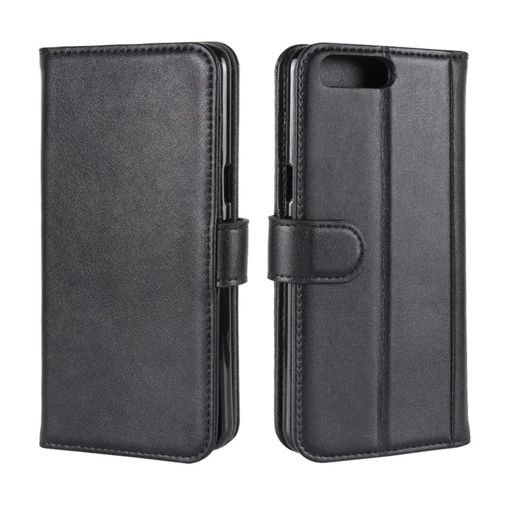 Genuine Split Leather Wallet Phone Shell with Stand for OnePlus 5 - Black