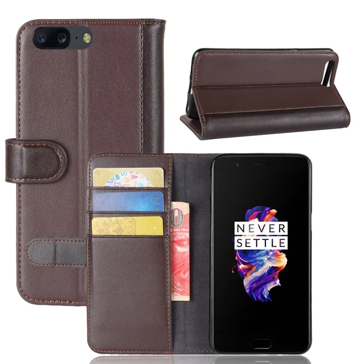 Genuine Split Leather Wallet Phone Cover with Stand for OnePlus 5 - Coffee