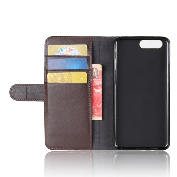 Genuine Split Leather Wallet Phone Cover with Stand for OnePlus 5 - Coffee