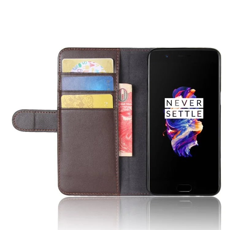 Genuine Split Leather Wallet Phone Cover with Stand for OnePlus 5 - Coffee