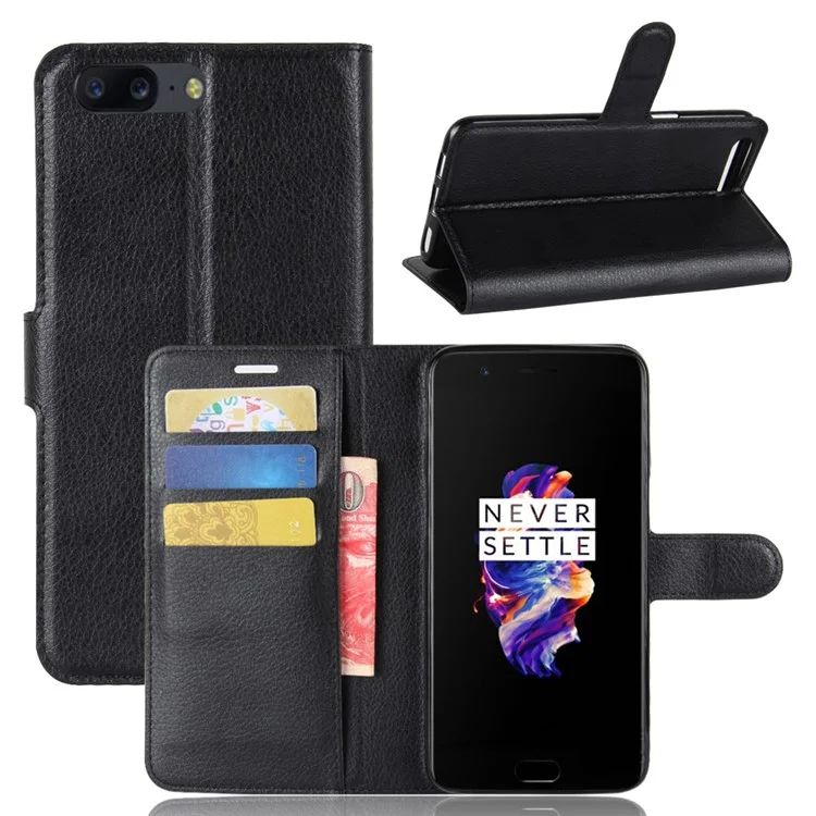 Litchi Pele Pu Pu Carteira De Carteira De Telefone Celular Para ONEPLUS 5 - Preto