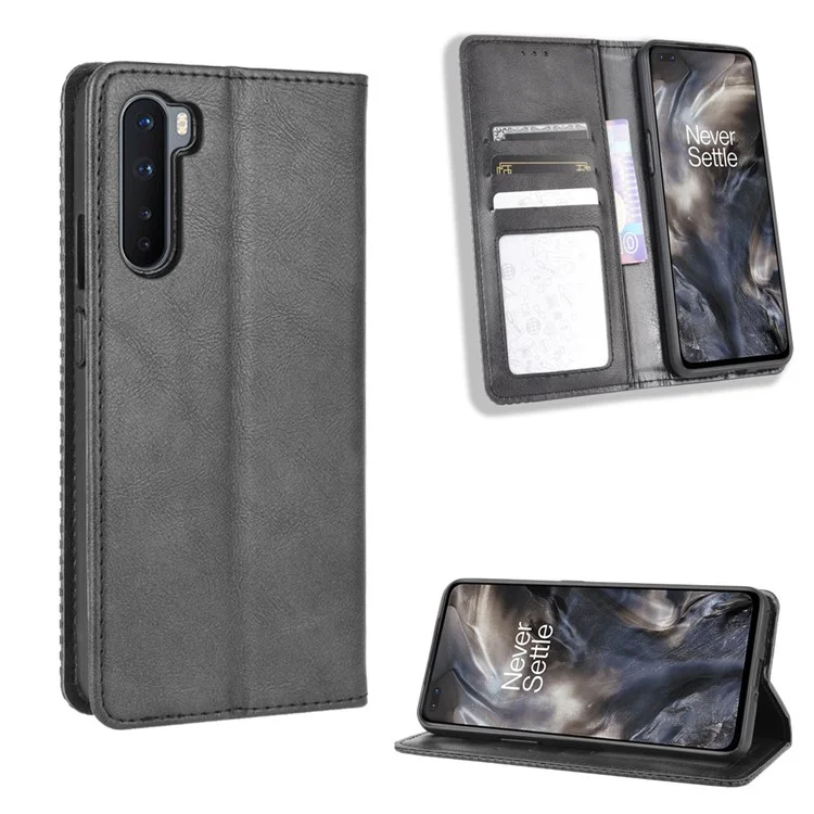 Auto-absorbed Retro Leather Wallet Phone Case for OnePlus Nord - Black