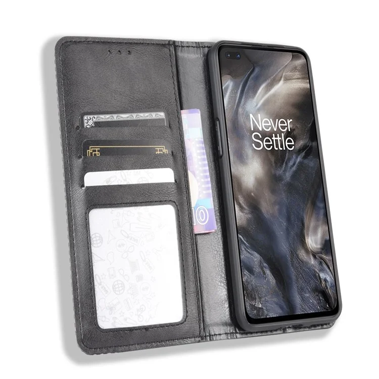 Carteira de Couro Retrô Absorvida Automaticamente para OnePlus Nord - Preto