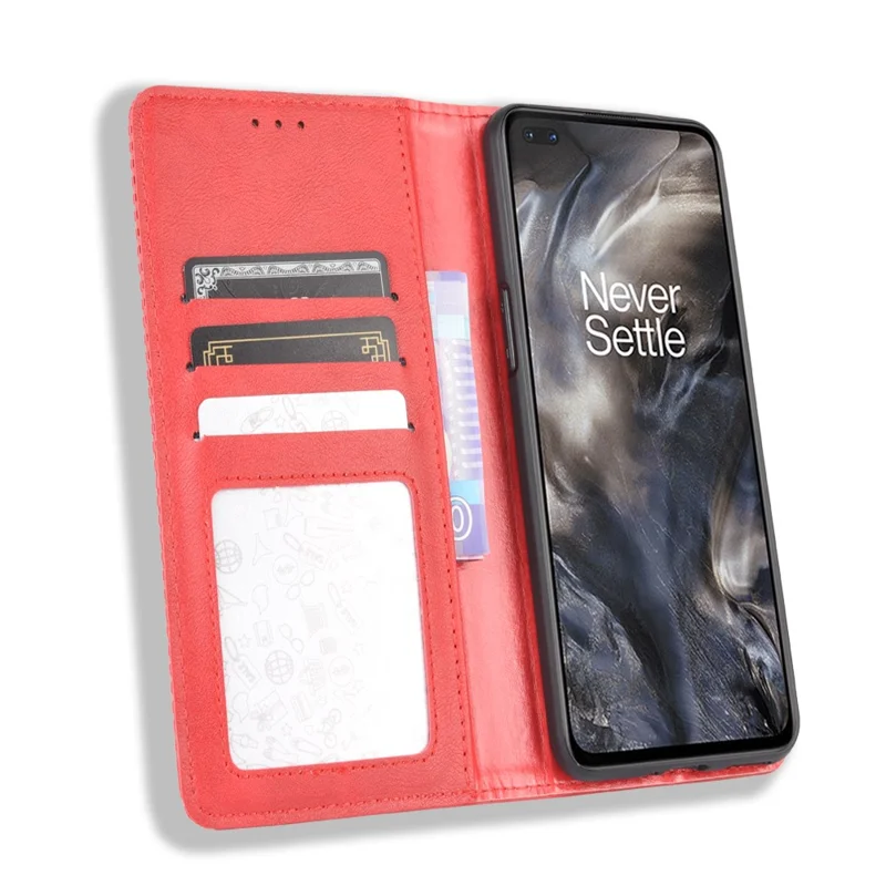 Auto-absorbed Retro Leather Wallet Phone Case for OnePlus Nord - Red
