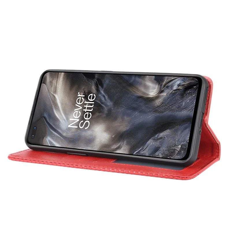 Auto-absorbed Retro Leather Wallet Phone Case for OnePlus Nord - Red