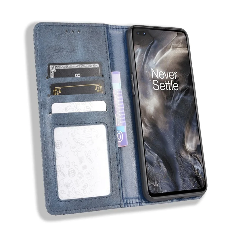 جراب هاتف جلد ريترو بمحفظة ومغناطيس تلقائي لهاتف OnePlus Nord - أزرق