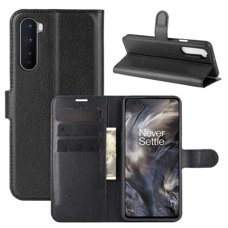 Capa de Telefone Móvel de Couro com Textura de Lichia para OnePlus Nord Ajustável e Dobrável - Preto