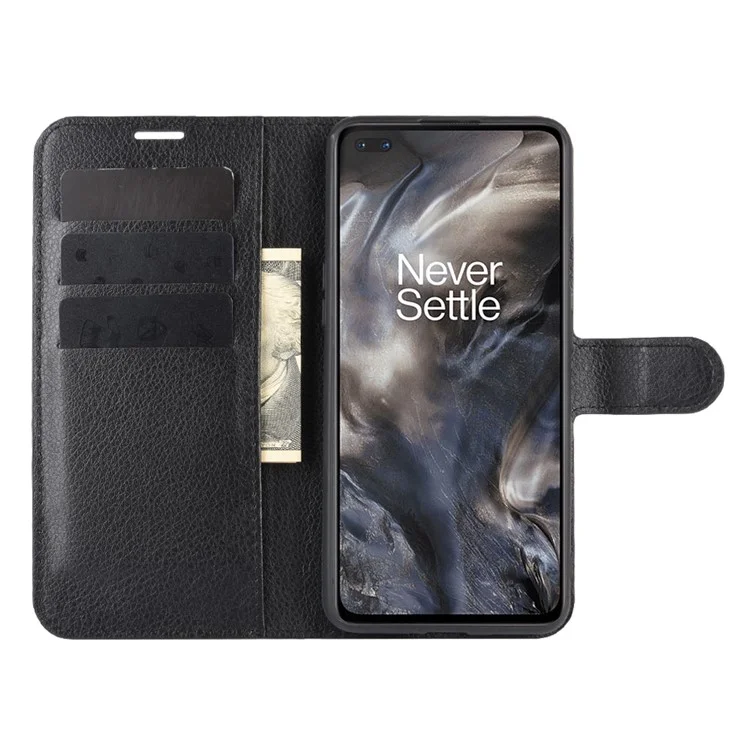 Capa de Telefone Móvel de Couro com Textura de Lichia para OnePlus Nord Ajustável e Dobrável - Preto