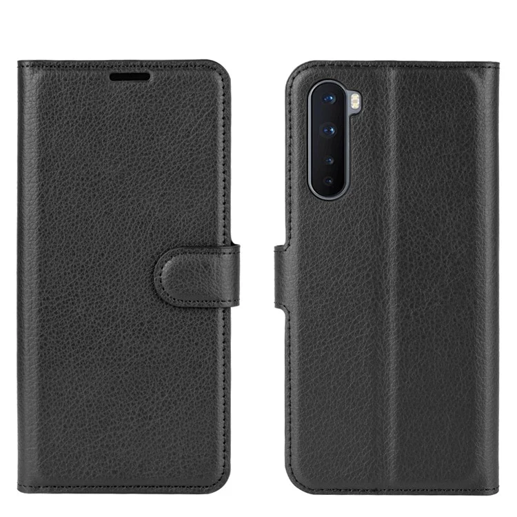 Capa de Telefone Móvel de Couro com Textura de Lichia para OnePlus Nord Ajustável e Dobrável - Preto